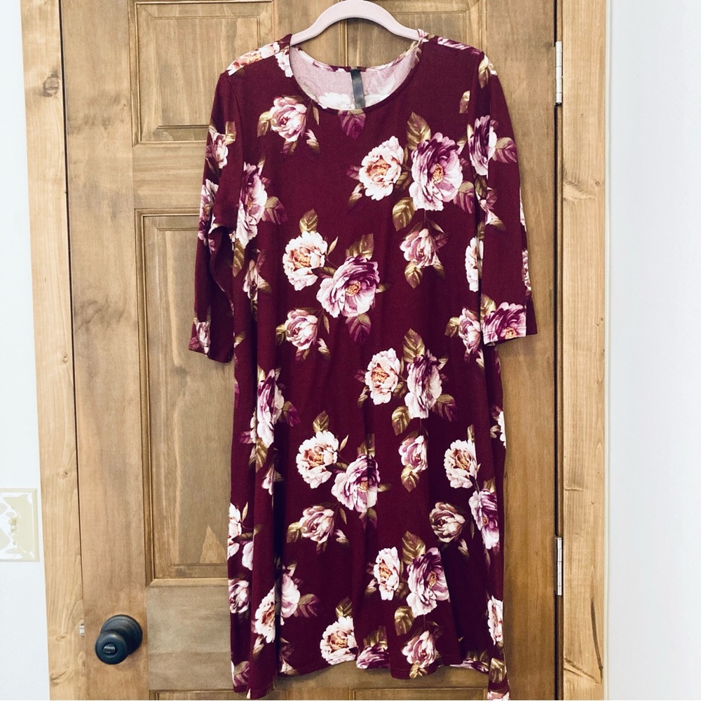 Soft & Stretchy Raspberry Red & Floral Print 3/4 Sleeves Dress